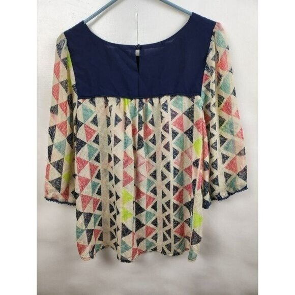 Umgee Womens Blouse Top Large Blue Abstract Chiffon Flare Sleeve Sheer BOHO - Picture 6 of 6